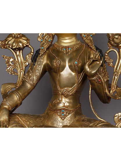 19" Green Tara Copper Statue With Attractive Crown From Nepal | Buddhist Deity Idol | Copper Statue