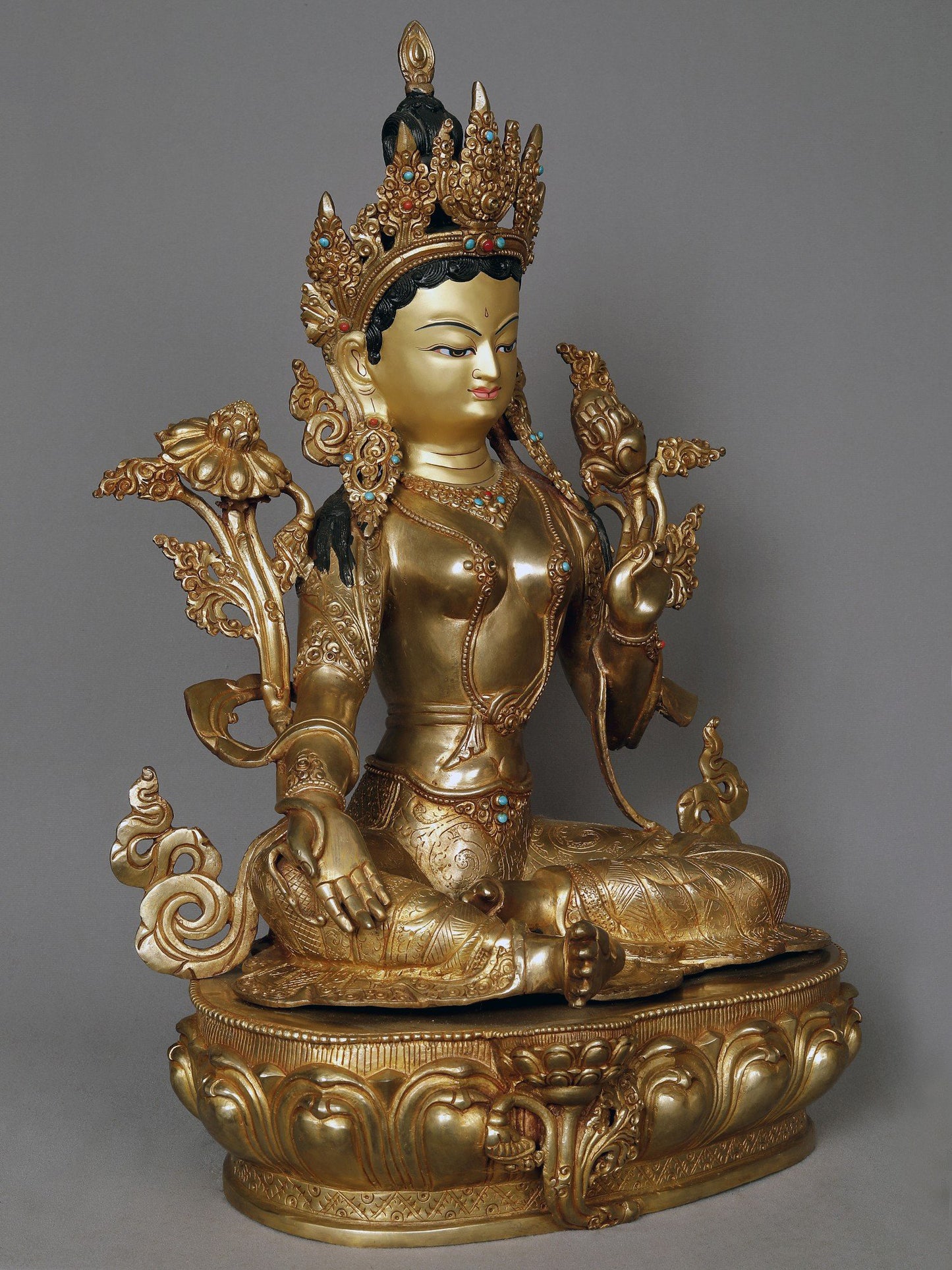 19" Green Tara Copper Statue With Attractive Crown From Nepal | Buddhist Deity Idol | Copper Statue