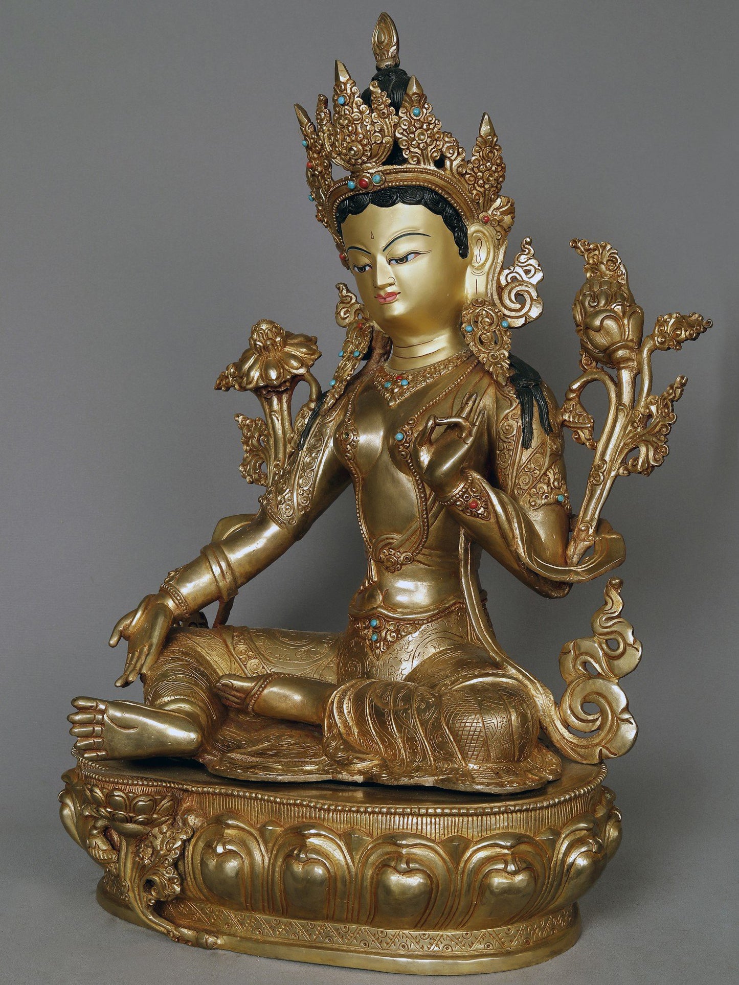 19" Green Tara Copper Statue With Attractive Crown From Nepal | Buddhist Deity Idol | Copper Statue