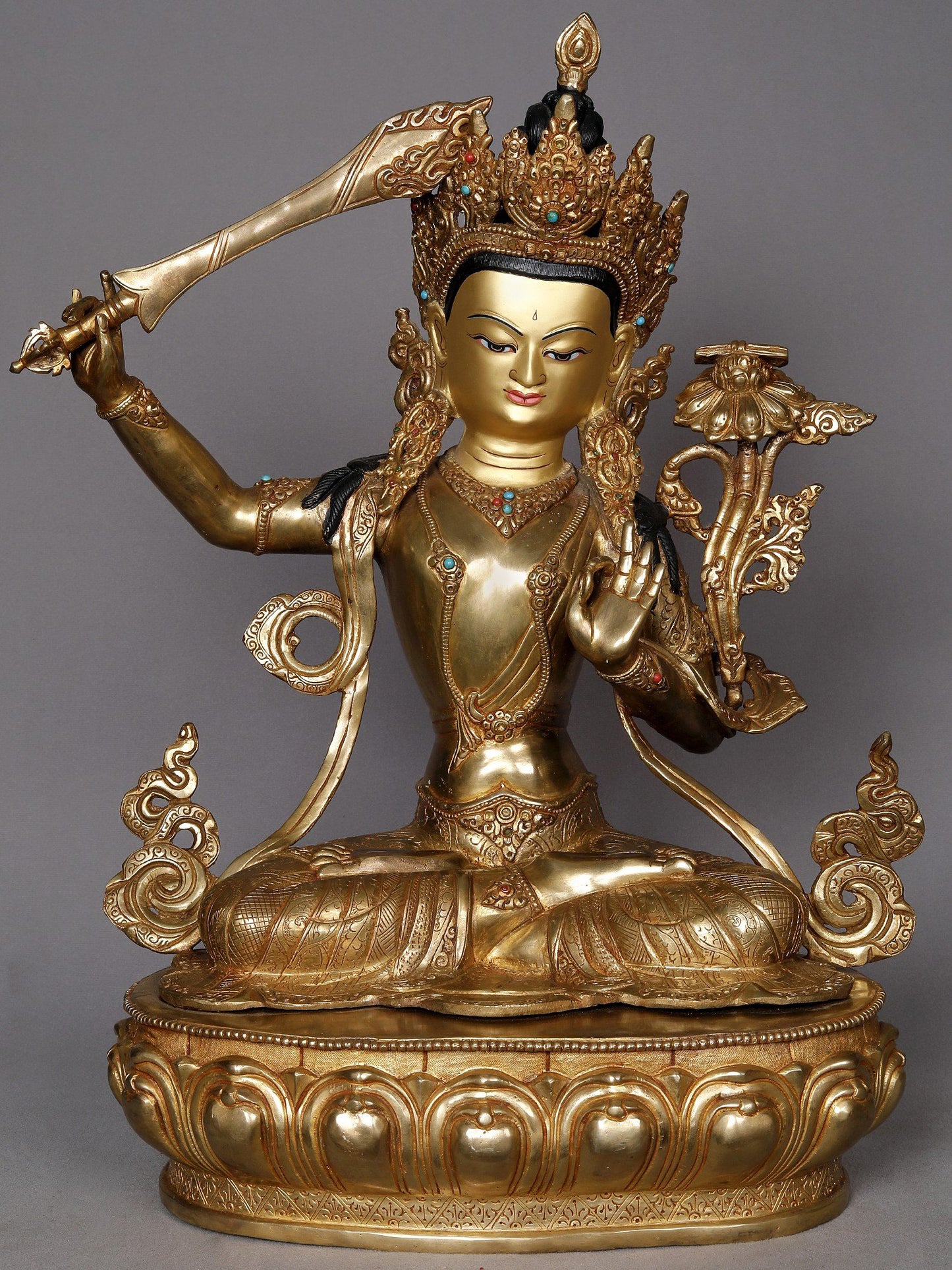 19" Crowned Manjushri With Sword Copper Statue from Nepal | Buddhist Deity Idol | Copper Statue