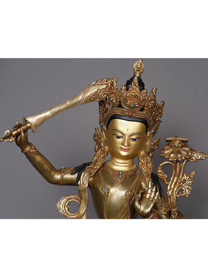 19" Crowned Manjushri With Sword Copper Statue from Nepal | Buddhist Deity Idol | Copper Statue