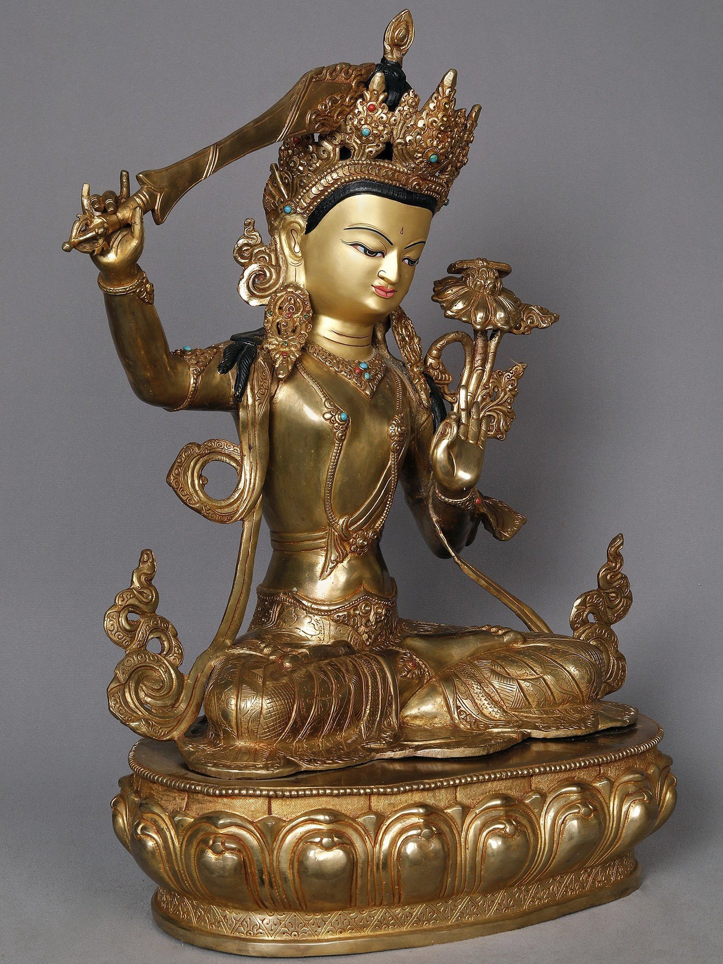 19" Crowned Manjushri With Sword Copper Statue from Nepal | Buddhist Deity Idol | Copper Statue