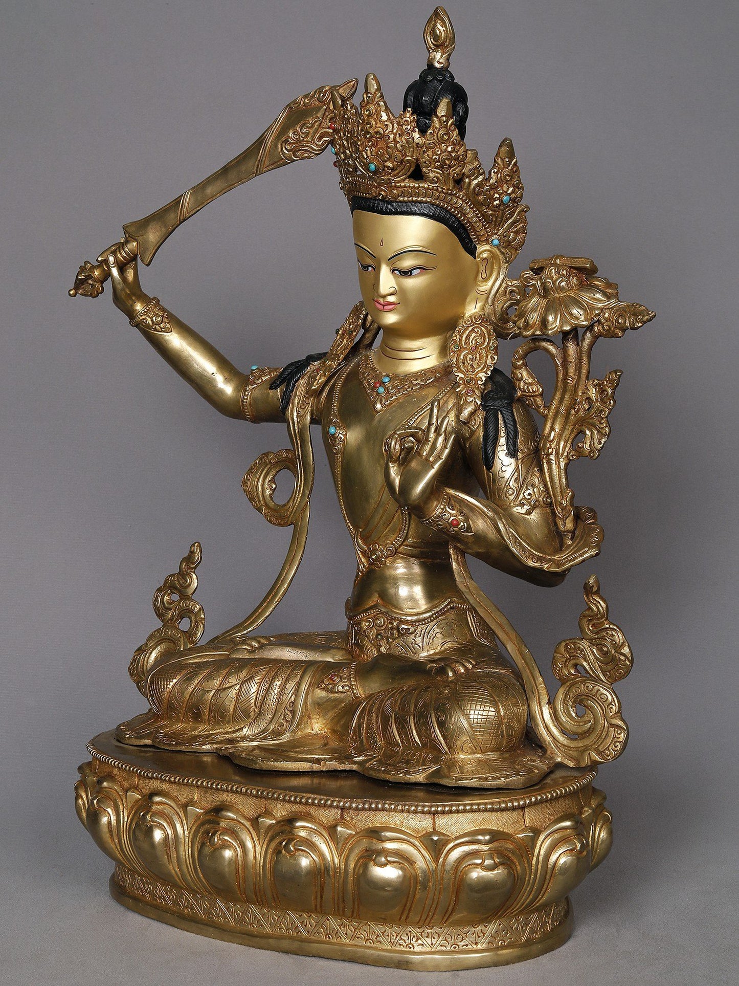 19" Crowned Manjushri With Sword Copper Statue from Nepal | Buddhist Deity Idol | Copper Statue