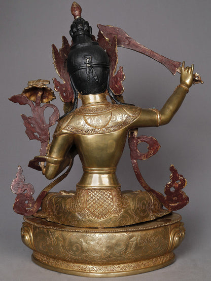 19" Crowned Manjushri With Sword Copper Statue from Nepal | Buddhist Deity Idol | Copper Statue