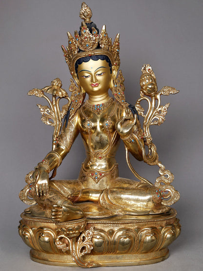 20" Goddess Green Tara Seated In Meditation Posture | Buddhist Deity Idols | Nepalese Copper Statue | Decorative Copper Idol | Copper Statue For Temple