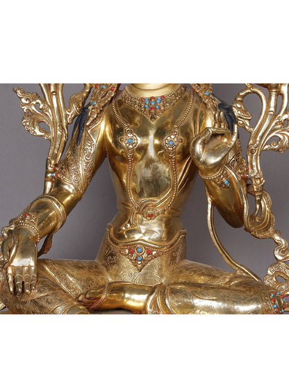 20" Goddess Green Tara Seated In Meditation Posture | Buddhist Deity Idols | Nepalese Copper Statue | Decorative Copper Idol | Copper Statue For Temple