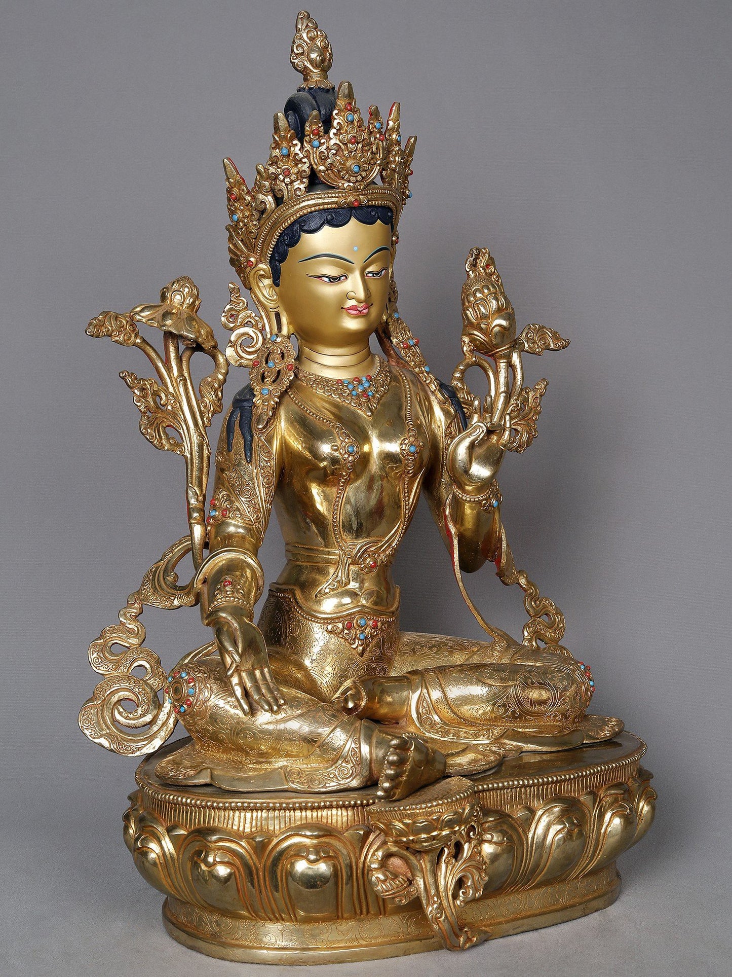 20" Goddess Green Tara Seated In Meditation Posture | Buddhist Deity Idols | Nepalese Copper Statue | Decorative Copper Idol | Copper Statue For Temple