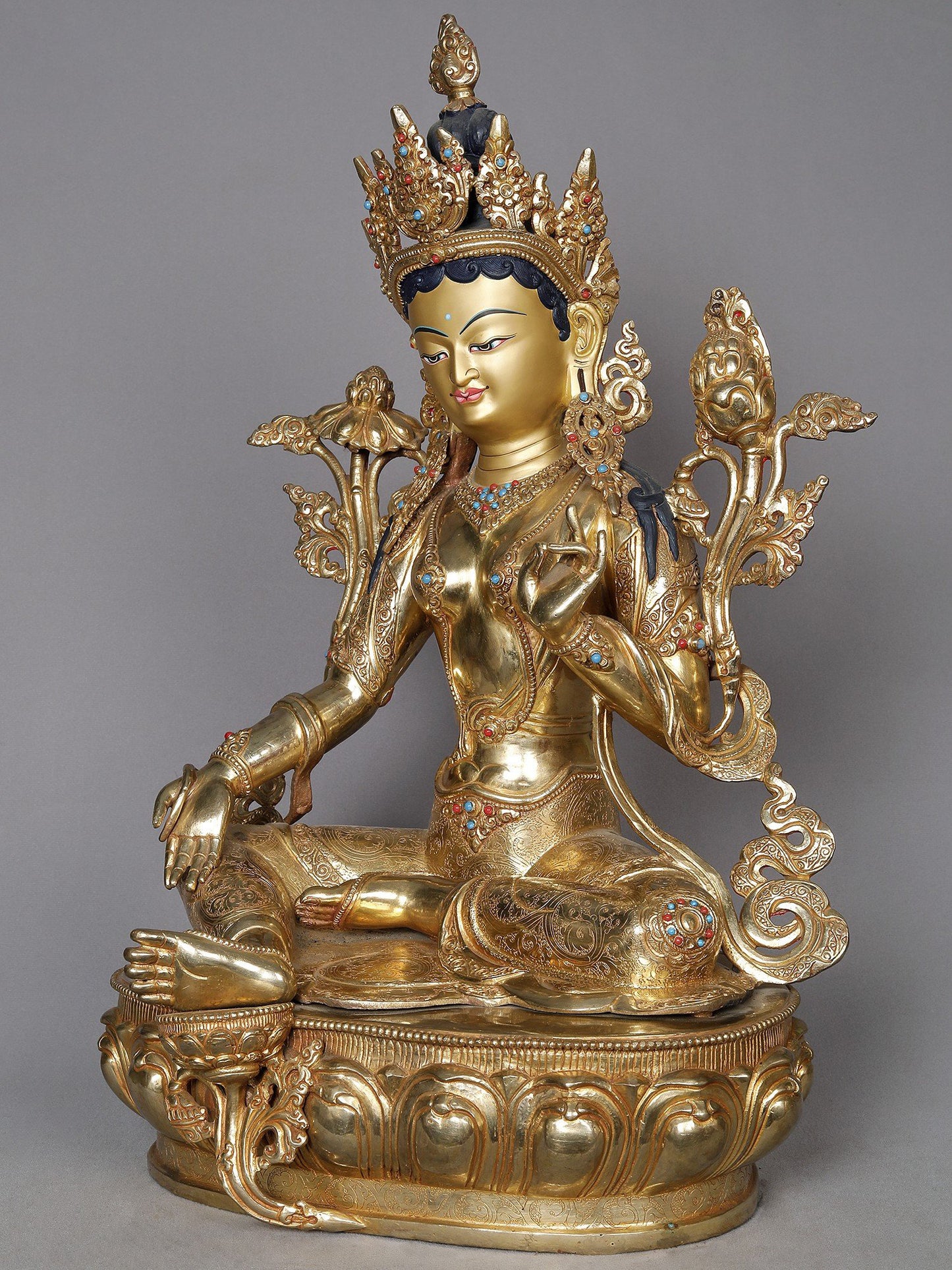 20" Goddess Green Tara Seated In Meditation Posture | Buddhist Deity Idols | Nepalese Copper Statue | Decorative Copper Idol | Copper Statue For Temple