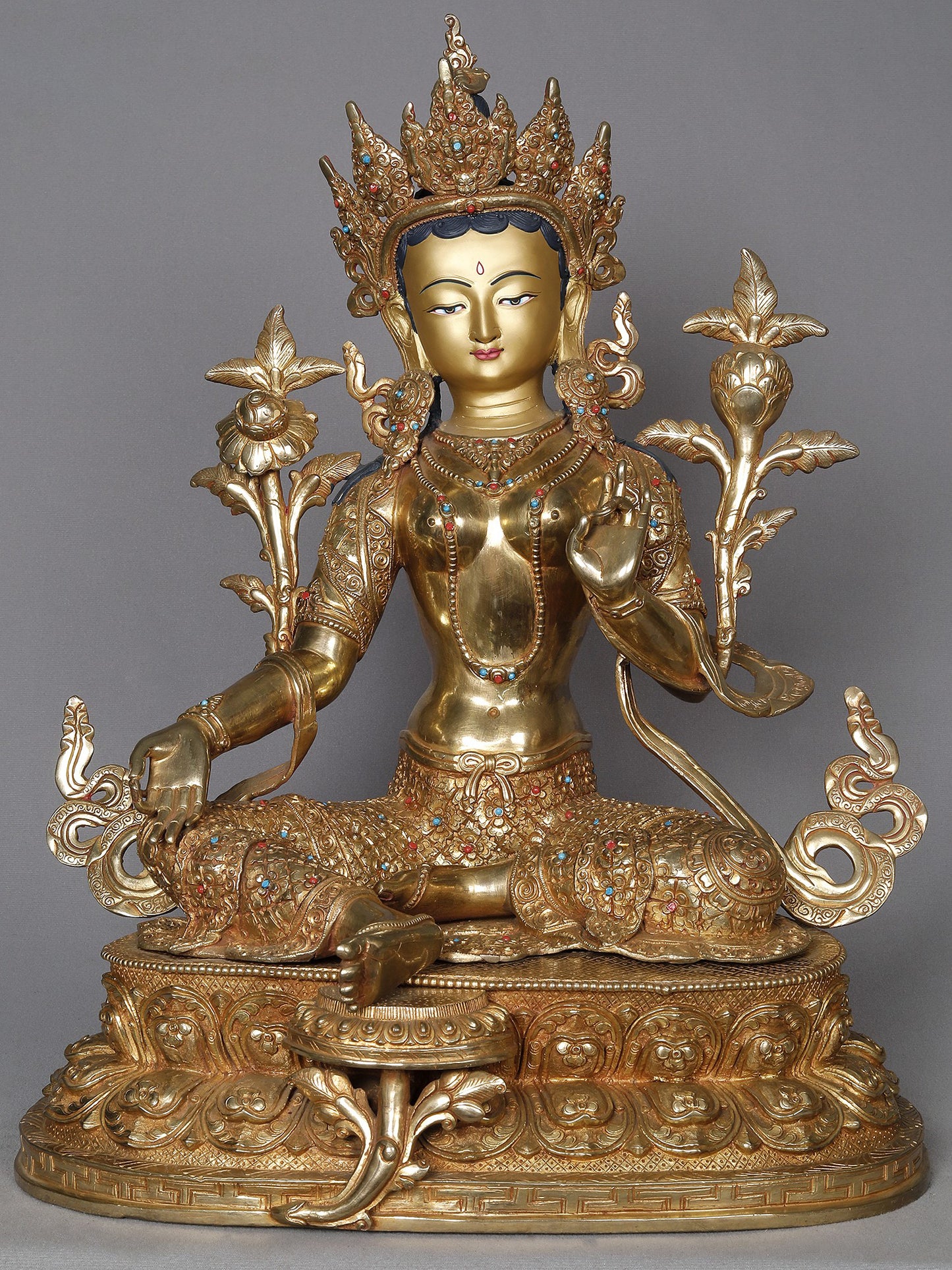 18" Copper Carved Idol Of Seated Green Tara From Nepal | Nepalese Copper Statue | Decorative Copper Idol | Copper Statue For Temple