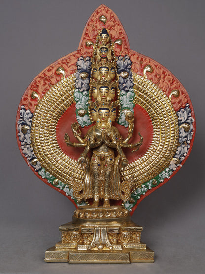 14" The Eight-Armed Shadakshari Lokesvara Is seated In Padmasana On The Lotus Pedestal | Copper Statue