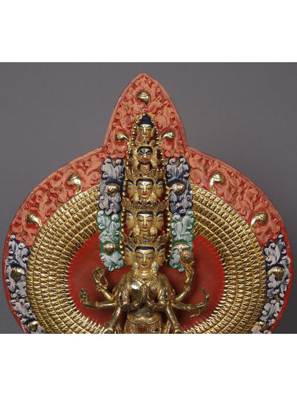 14" The Eight-Armed Shadakshari Lokesvara Is seated In Padmasana On The Lotus Pedestal | Copper Statue