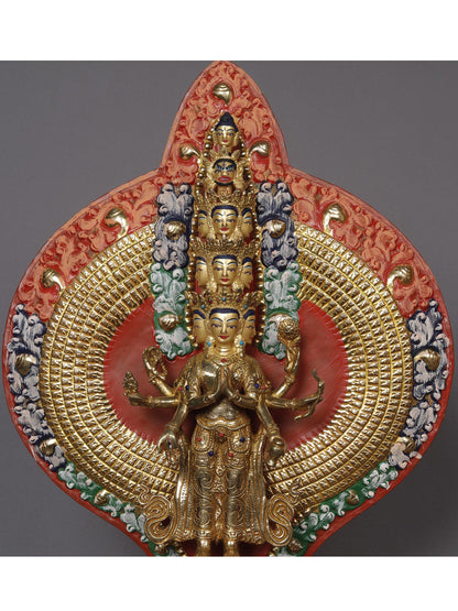 14" The Eight-Armed Shadakshari Lokesvara Is seated In Padmasana On The Lotus Pedestal | Copper Statue