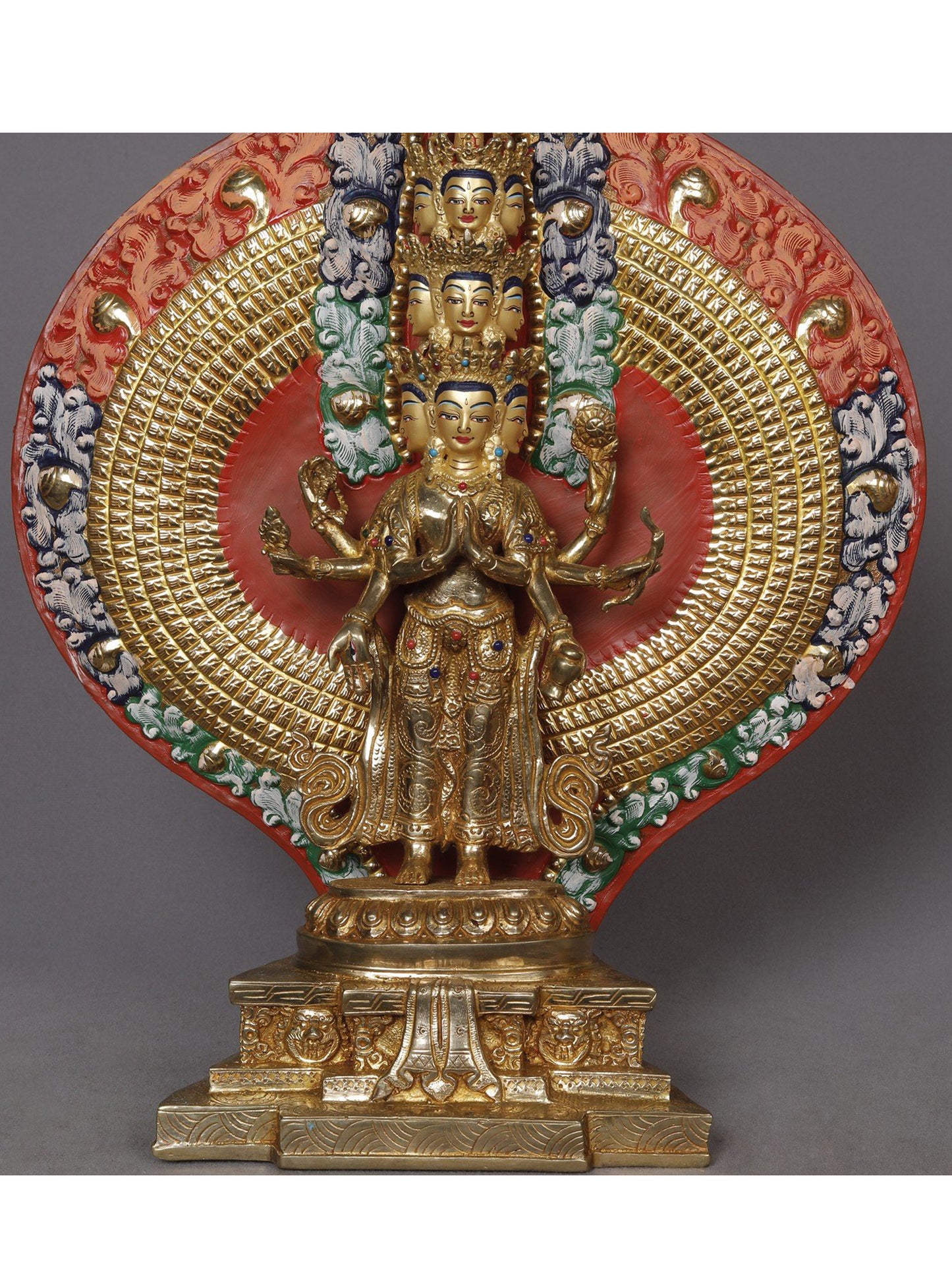 14" The Eight-Armed Shadakshari Lokesvara Is seated In Padmasana On The Lotus Pedestal | Copper Statue