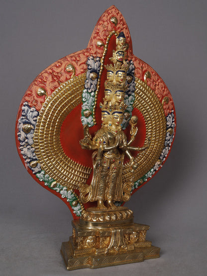 14" The Eight-Armed Shadakshari Lokesvara Is seated In Padmasana On The Lotus Pedestal | Copper Statue