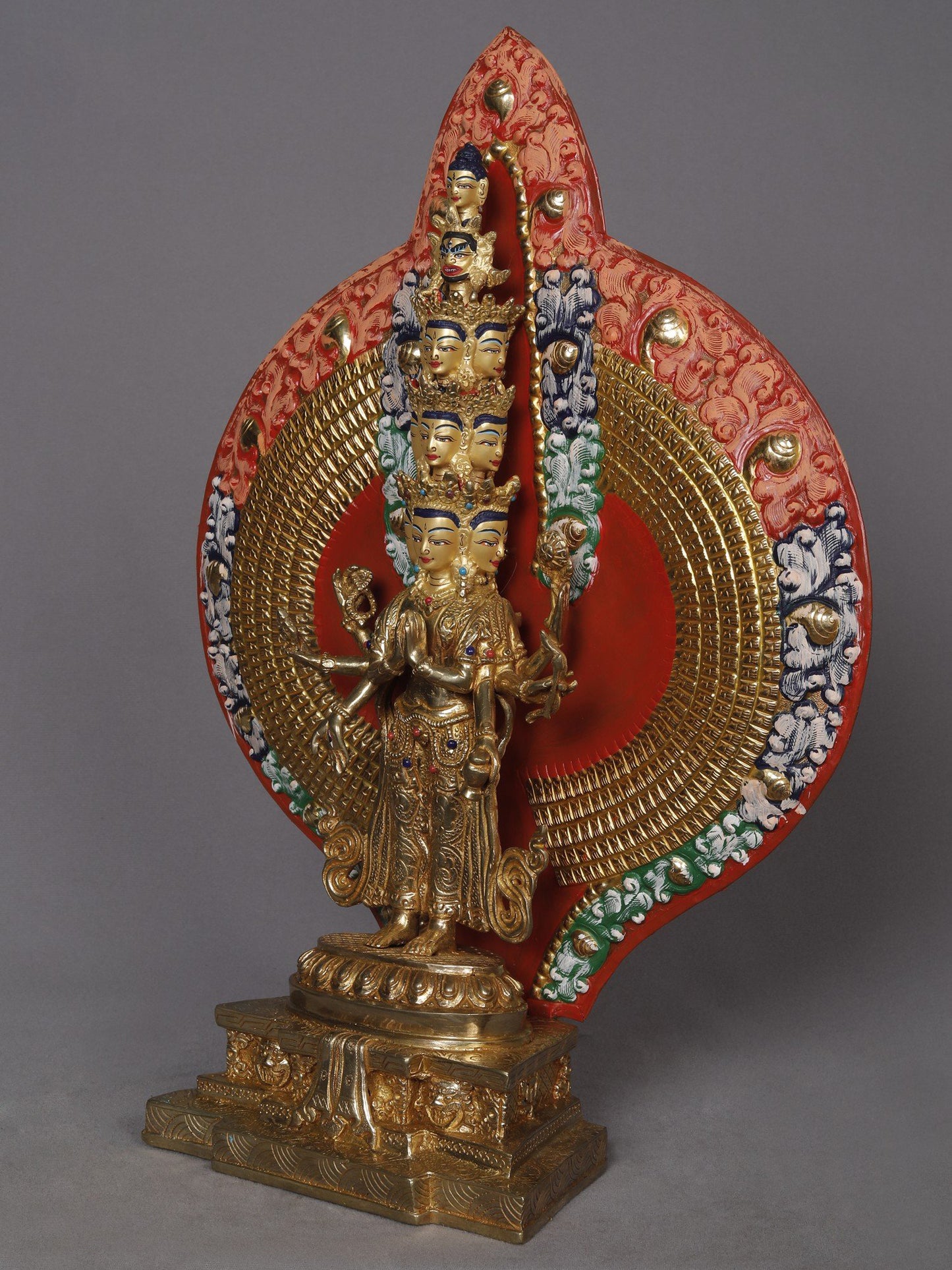 14" The Eight-Armed Shadakshari Lokesvara Is seated In Padmasana On The Lotus Pedestal | Copper Statue