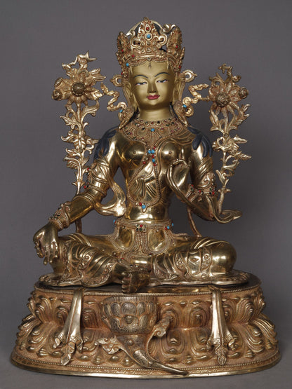 16" Goddess Green Tara Seated On Lotus Statue From Nepal | Nepalese Copper Statue | Decorative Copper Idol | Copper Statue For Temple