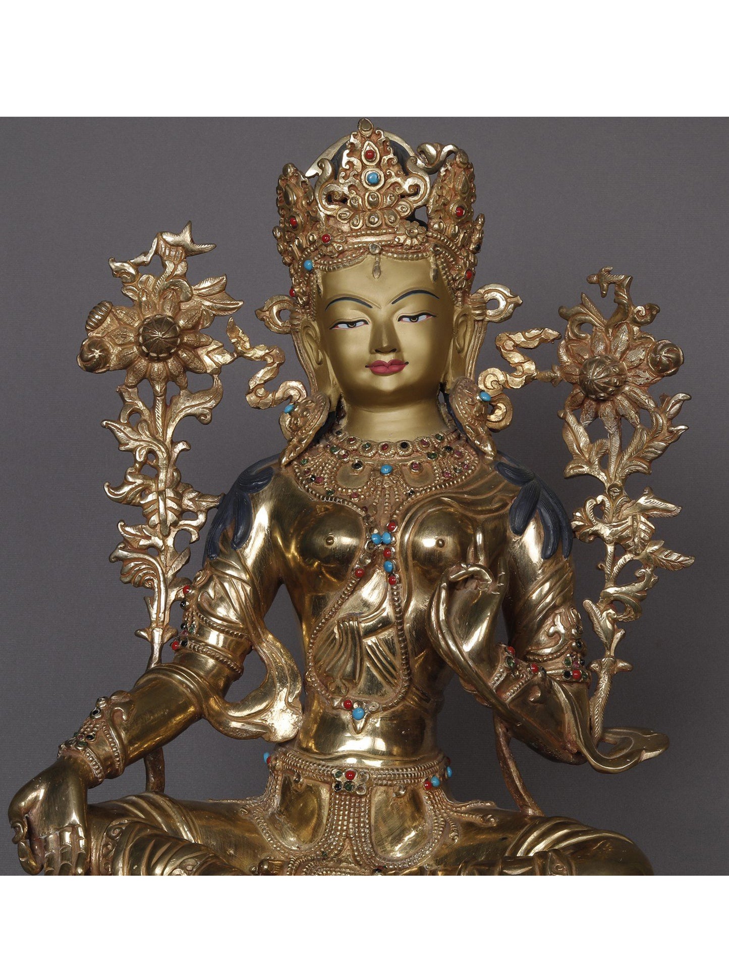 16" Goddess Green Tara Seated On Lotus Statue From Nepal | Nepalese Copper Statue | Decorative Copper Idol | Copper Statue For Temple