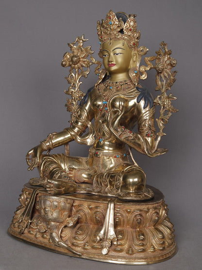 16" Goddess Green Tara Seated On Lotus Statue From Nepal | Nepalese Copper Statue | Decorative Copper Idol | Copper Statue For Temple