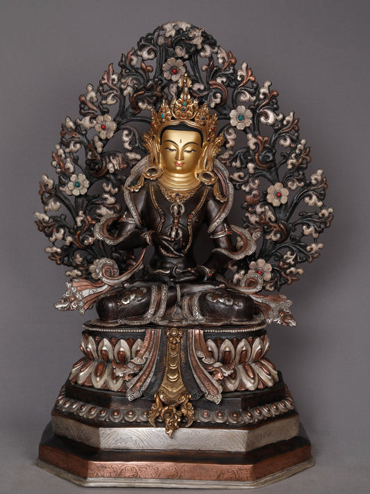 23" Tibetan Buddhist Deity Vajrasattva With Tree From Nepal | Nepalese Copper Statue | Decorative Copper Idol | Copper Statue For Temple