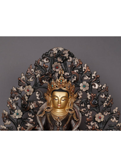 23" Tibetan Buddhist Deity Vajrasattva With Tree From Nepal | Nepalese Copper Statue | Decorative Copper Idol | Copper Statue For Temple