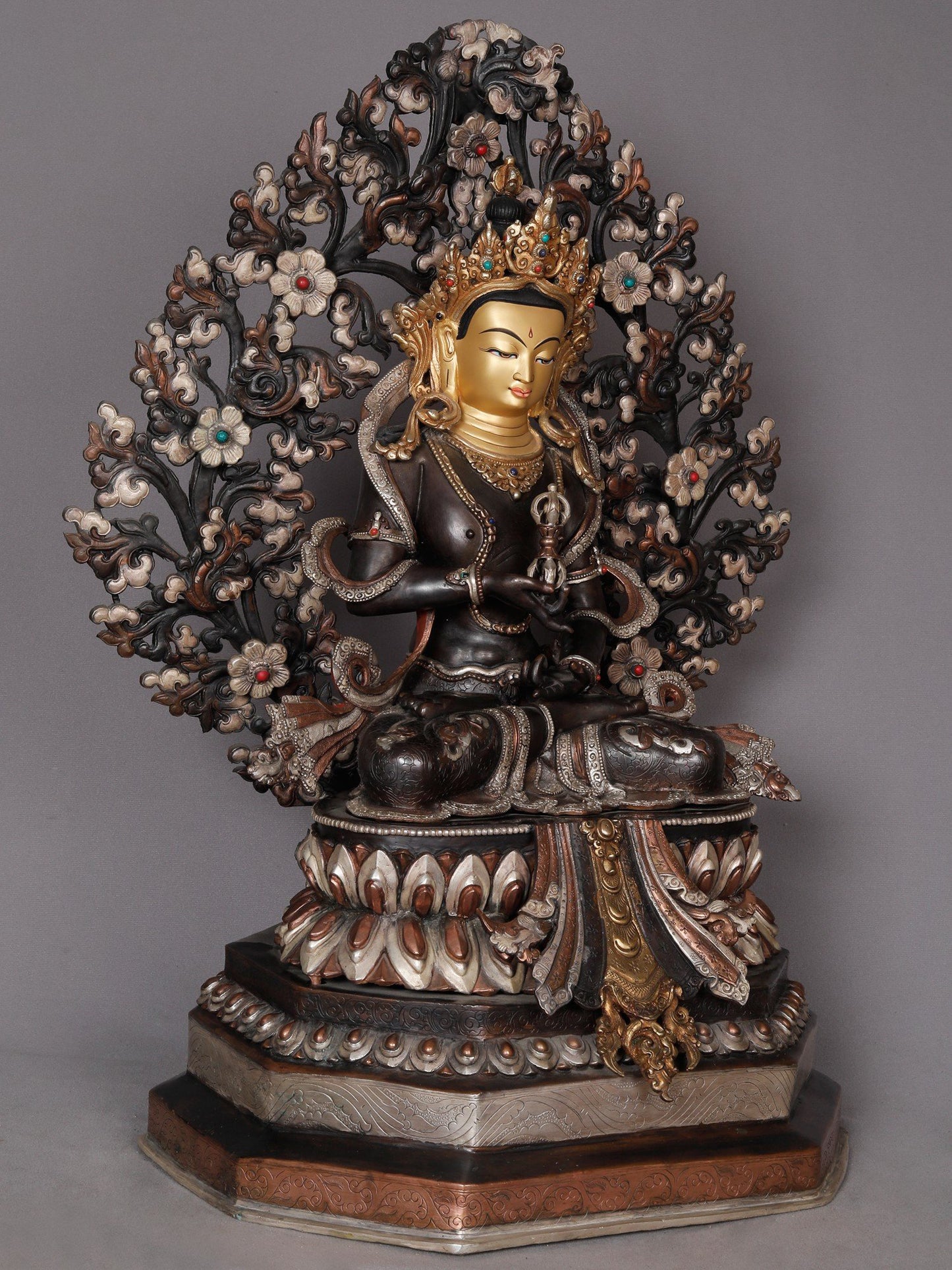 23" Tibetan Buddhist Deity Vajrasattva With Tree From Nepal | Nepalese Copper Statue | Decorative Copper Idol | Copper Statue For Temple