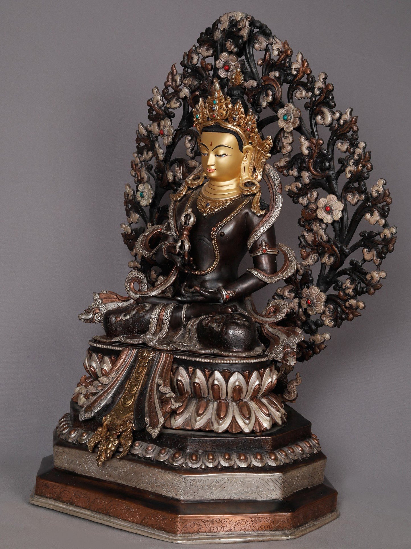 23" Tibetan Buddhist Deity Vajrasattva With Tree From Nepal | Nepalese Copper Statue | Decorative Copper Idol | Copper Statue For Temple