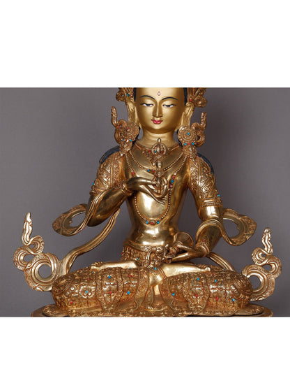 19" Tibetan Buddhist Deity Vajrasattva Idol With Carving From Nepal | Nepalese Copper Statue | Decorative Copper Idol | Copper Statue For Temple