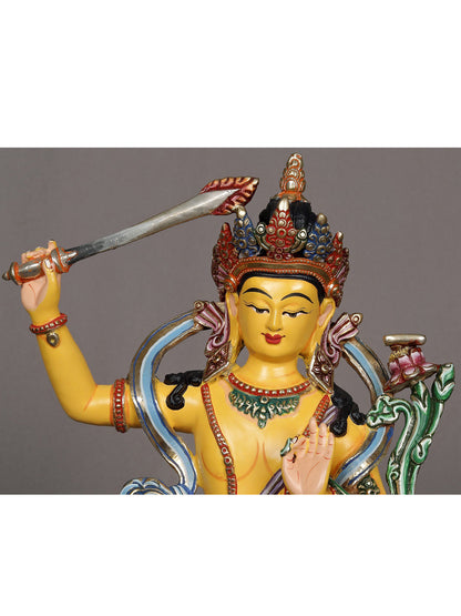 9" Manjushri Copper Statue From Nepal | Authentic Nepalese Sculpture | Decorative Copper Idol | Copper Statue For Temple