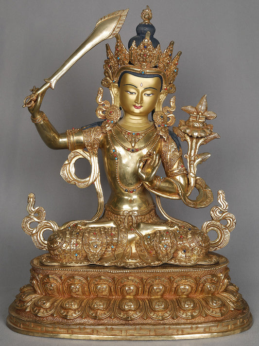 19" Seated Bodhisattva Manjushri From Nepal | Decorative Copper Idol | Copper Statue For Temple