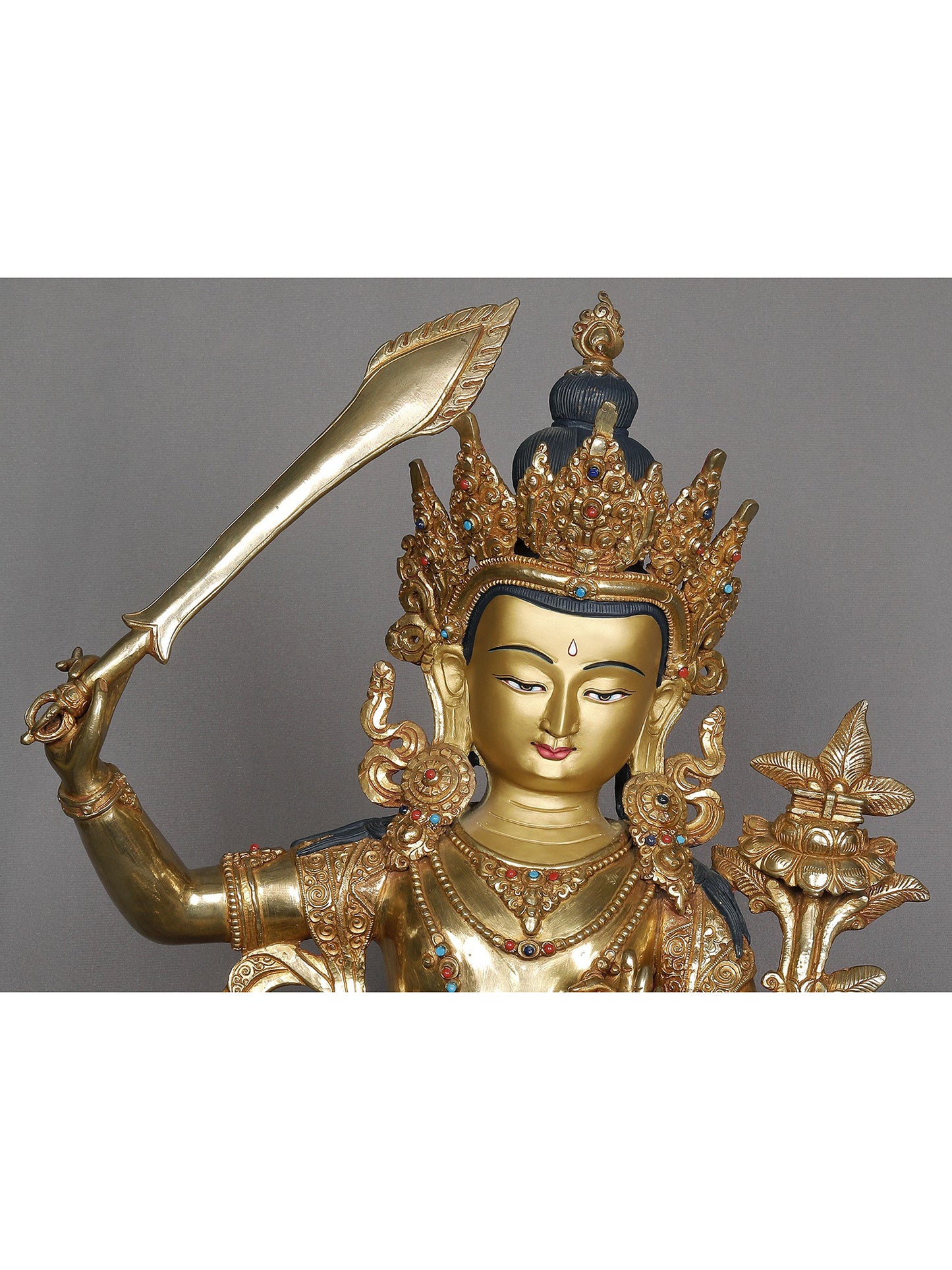 19" Seated Bodhisattva Manjushri From Nepal | Decorative Copper Idol | Copper Statue For Temple