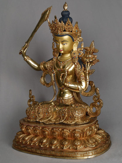 19" Seated Bodhisattva Manjushri From Nepal | Decorative Copper Idol | Copper Statue For Temple