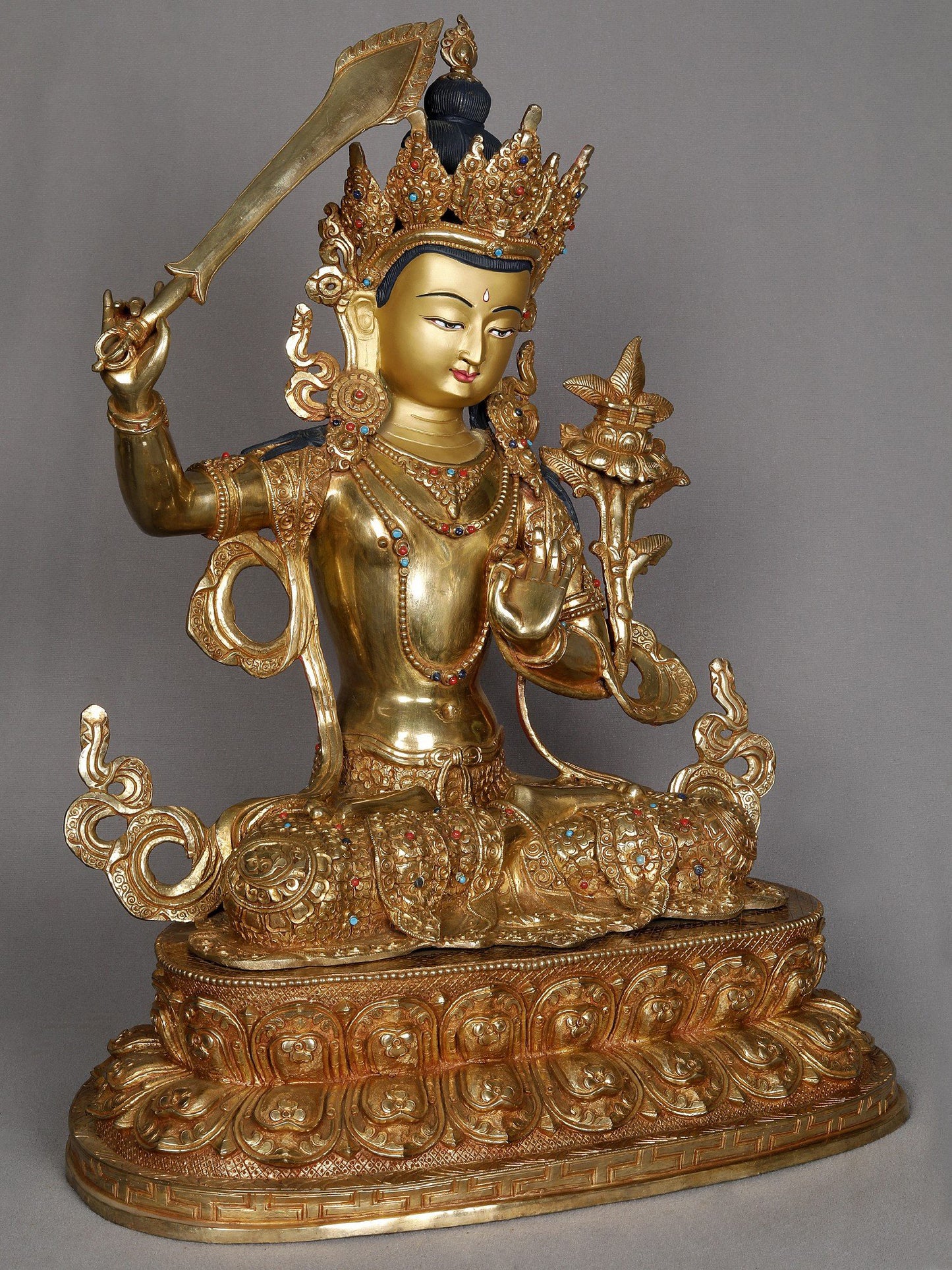 19" Seated Bodhisattva Manjushri From Nepal | Decorative Copper Idol | Copper Statue For Temple