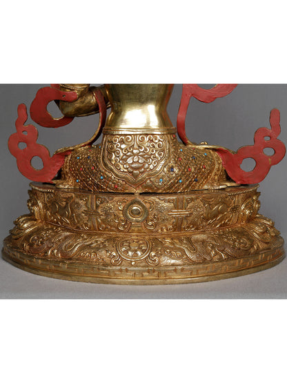 19" Seated Bodhisattva Manjushri From Nepal | Decorative Copper Idol | Copper Statue For Temple