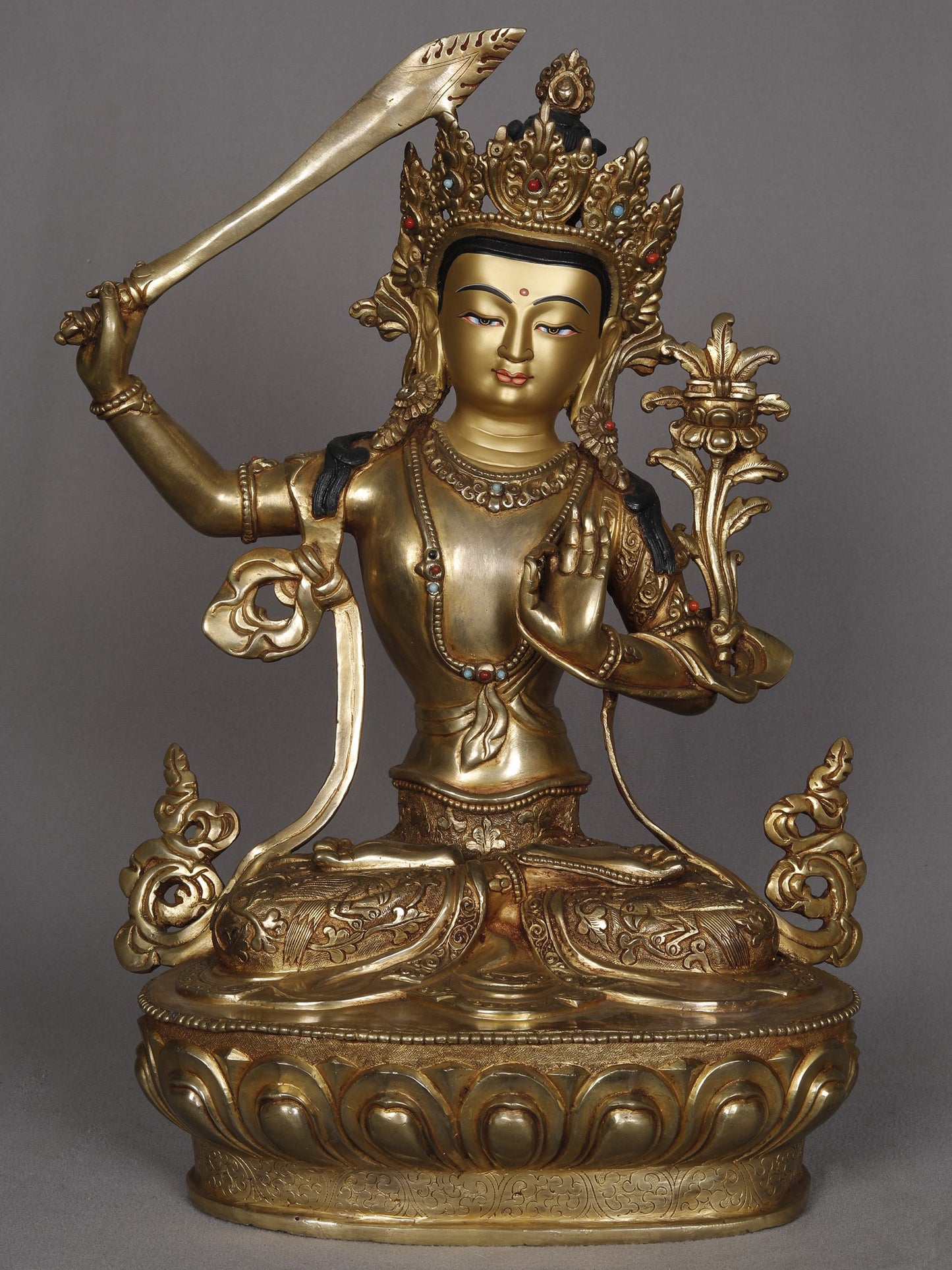 14" Buddhist Deity Manjushri With Sword Copper Statue From Nepal | Decorative Copper Idol | Copper Statue For Temple