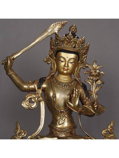 14" Buddhist Deity Manjushri With Sword Copper Statue From Nepal | Decorative Copper Idol | Copper Statue For Temple