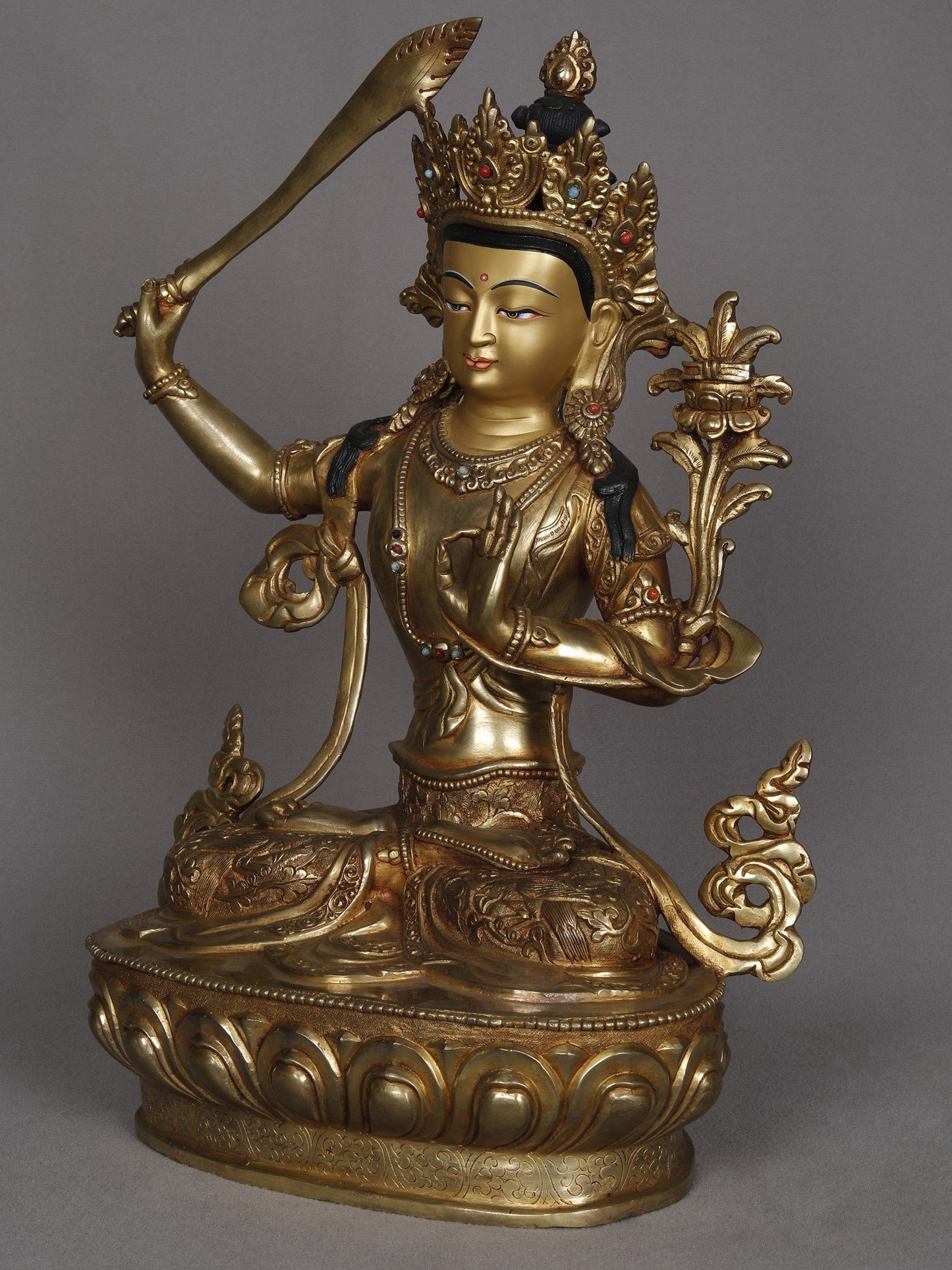 14" Buddhist Deity Manjushri With Sword Copper Statue From Nepal | Decorative Copper Idol | Copper Statue For Temple