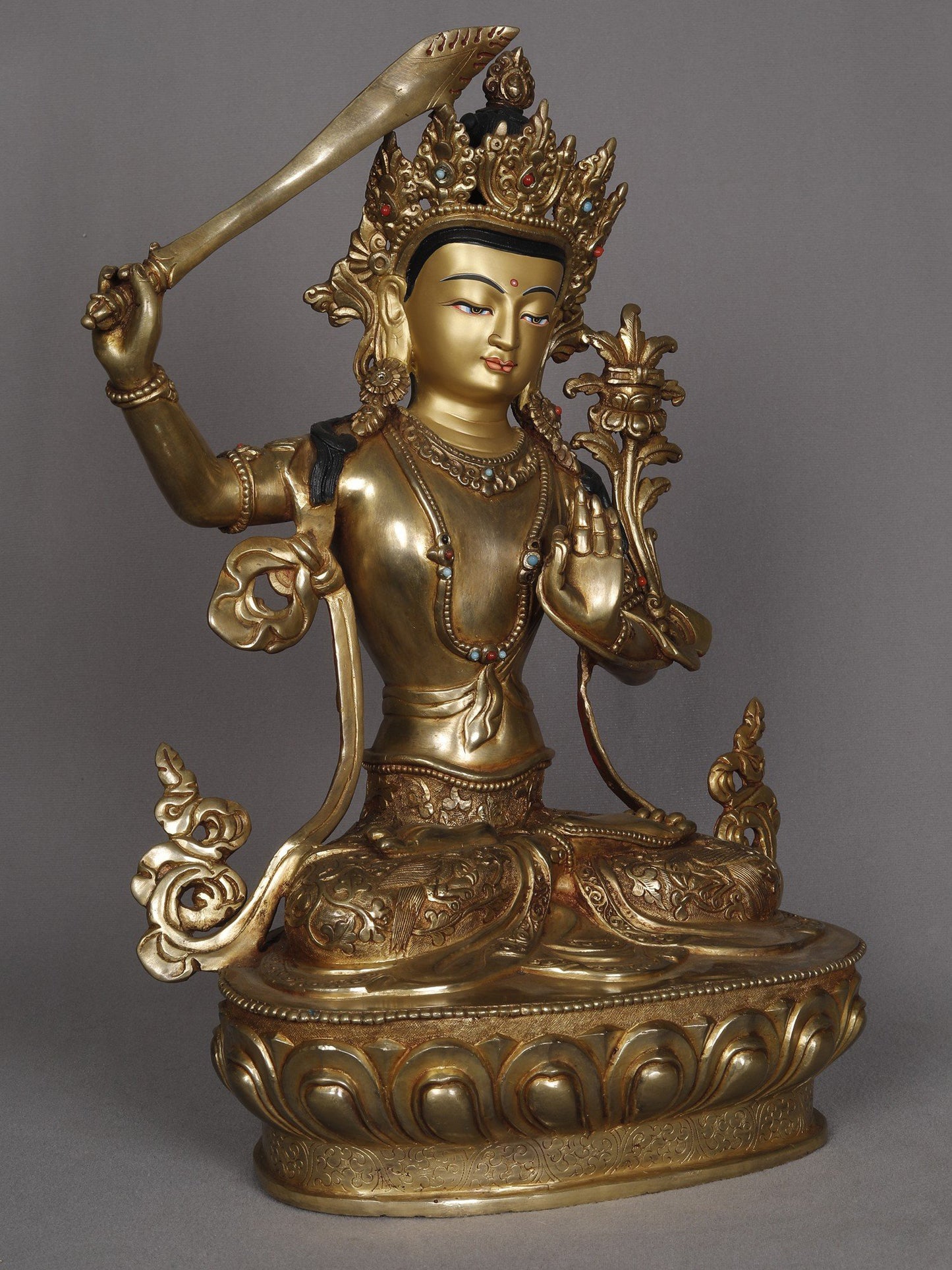 14" Buddhist Deity Manjushri With Sword Copper Statue From Nepal | Decorative Copper Idol | Copper Statue For Temple