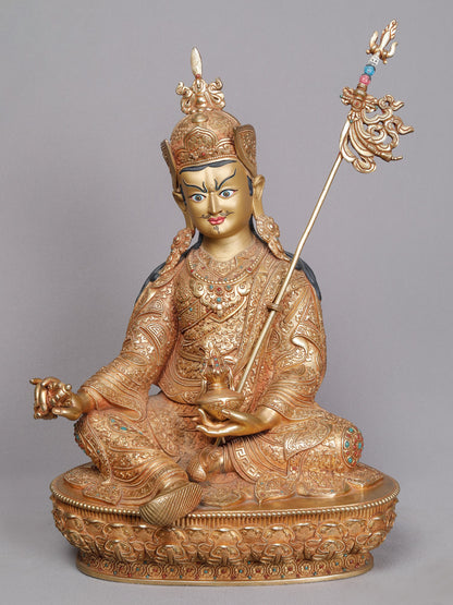 Superfine Guru Padmasambhava Seated From Nepal | Handmade Copper With Gold Statue