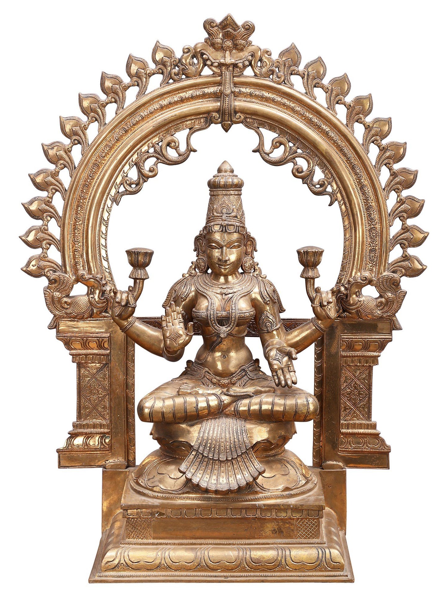 29" Sitting Goddess Lakshmi With Arch | Decorative Bronze Idol | Figurine For Gifting | Bronze Statue For Temple