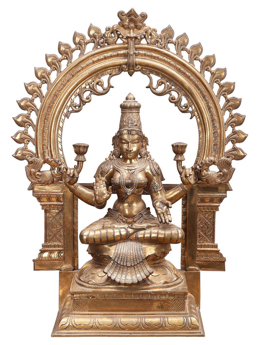 29" Sitting Goddess Lakshmi With Arch | Decorative Bronze Idol | Figurine For Gifting | Bronze Statue For Temple