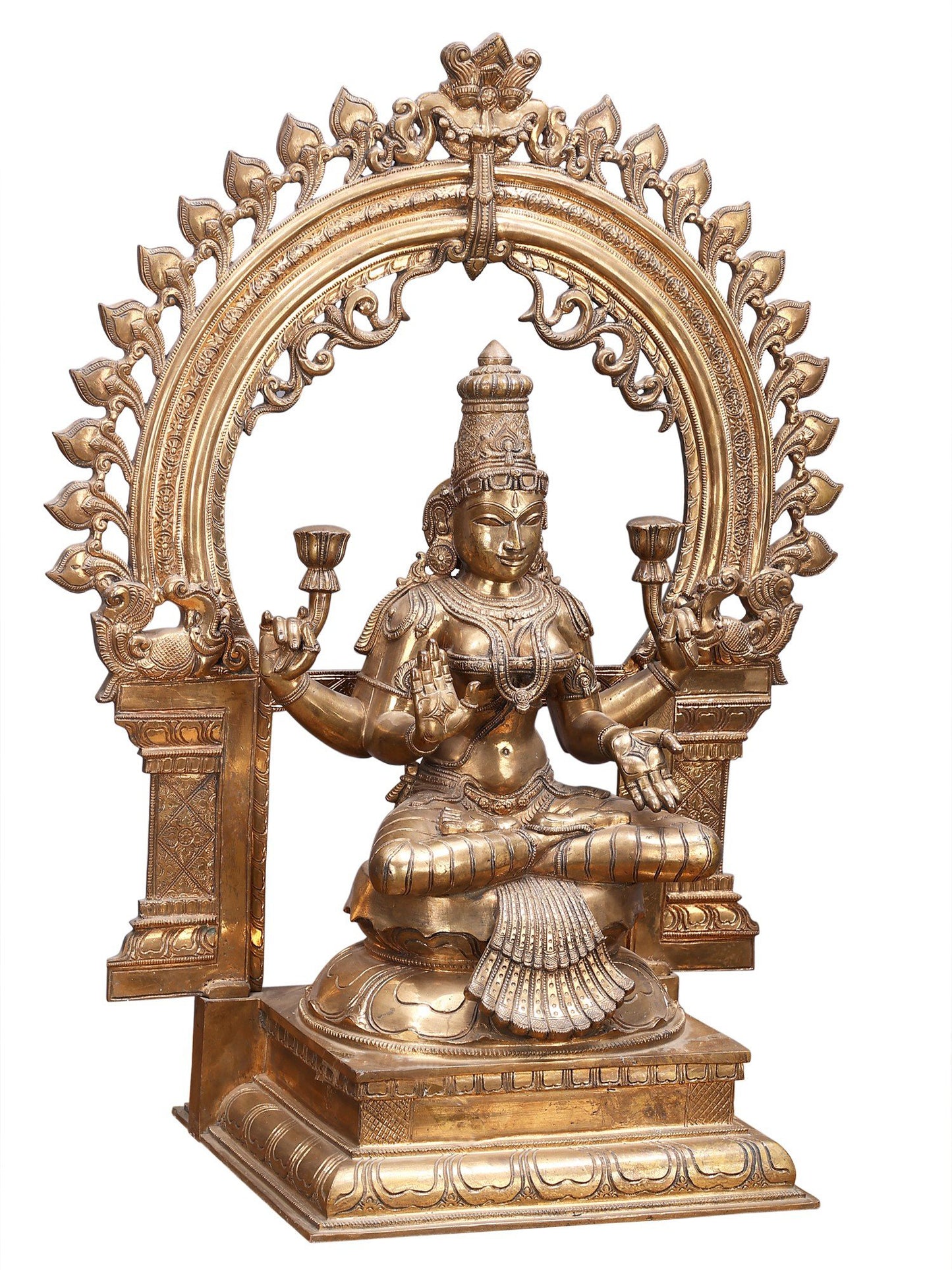 29" Sitting Goddess Lakshmi With Arch | Decorative Bronze Idol | Figurine For Gifting | Bronze Statue For Temple