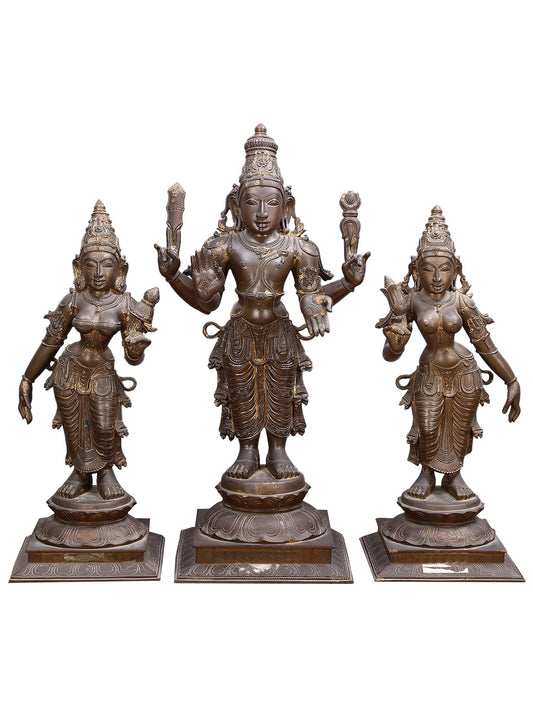 24" Lord Murugan (Kartikeya) with Devasena and Valli - (Set Of 3) | Bronze Statue