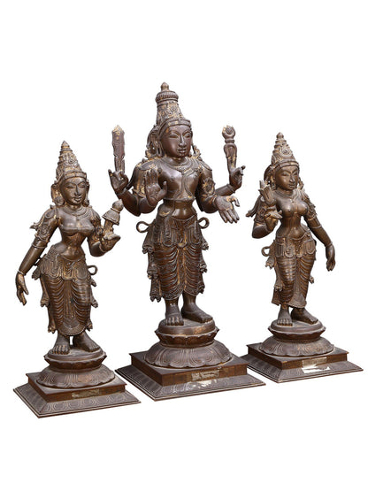 24" Lord Murugan (Kartikeya) with Devasena and Valli - (Set Of 3) | Bronze Statue