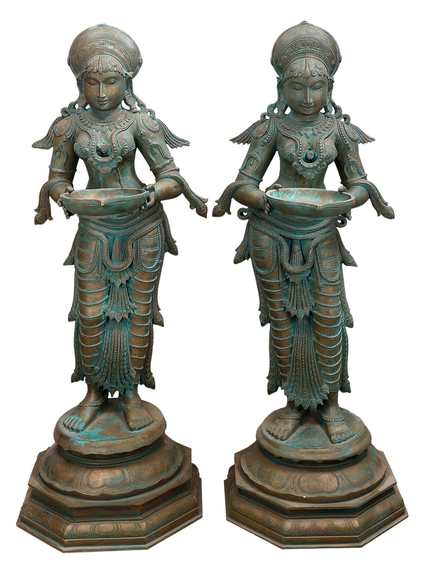 44" Large Bronze Deep Lakshmi (Pair) | Decorative Bronze Idol | Figurine For Gifting | Bronze Statue For Temple