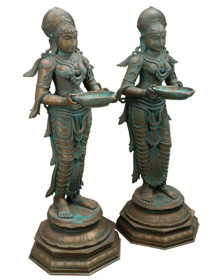 44" Large Bronze Deep Lakshmi (Pair) | Decorative Bronze Idol | Figurine For Gifting | Bronze Statue For Temple