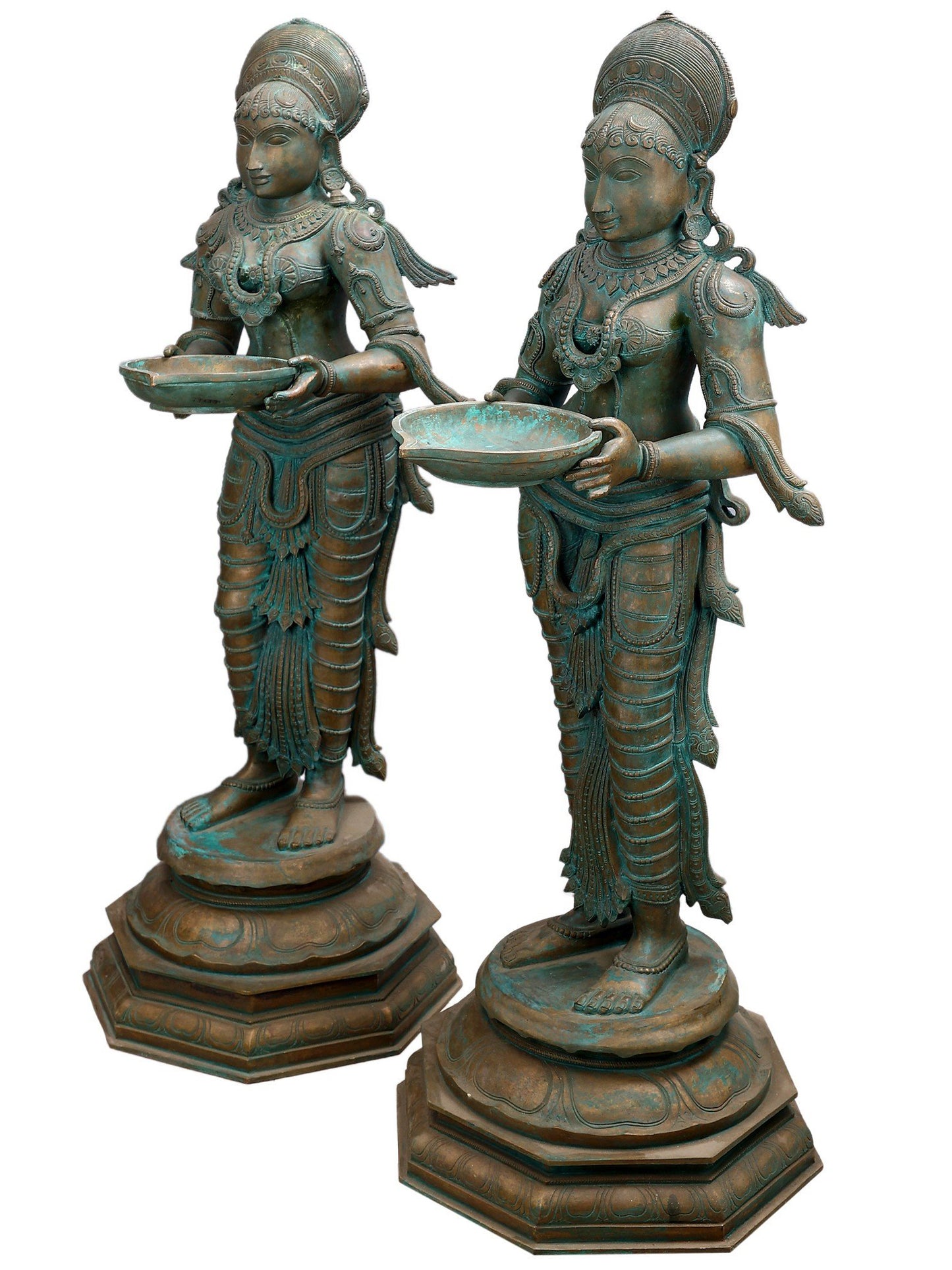 44" Large Bronze Deep Lakshmi (Pair) | Decorative Bronze Idol | Figurine For Gifting | Bronze Statue For Temple