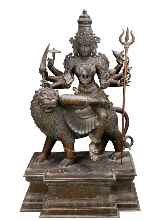 45" Large Eight Hands Goddess Durga Seated On Lion | Decorative Bronze Idol | Figurine For Gifting | Bronze Statue For Temple