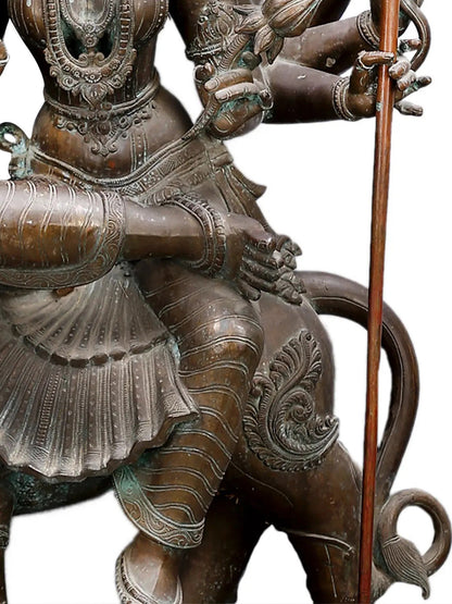 45" Large Eight Hands Goddess Durga Seated On Lion | Decorative Bronze Idol | Figurine For Gifting | Bronze Statue For Temple