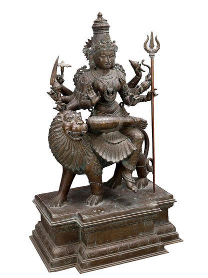 45" Large Eight Hands Goddess Durga Seated On Lion | Decorative Bronze Idol | Figurine For Gifting | Bronze Statue For Temple