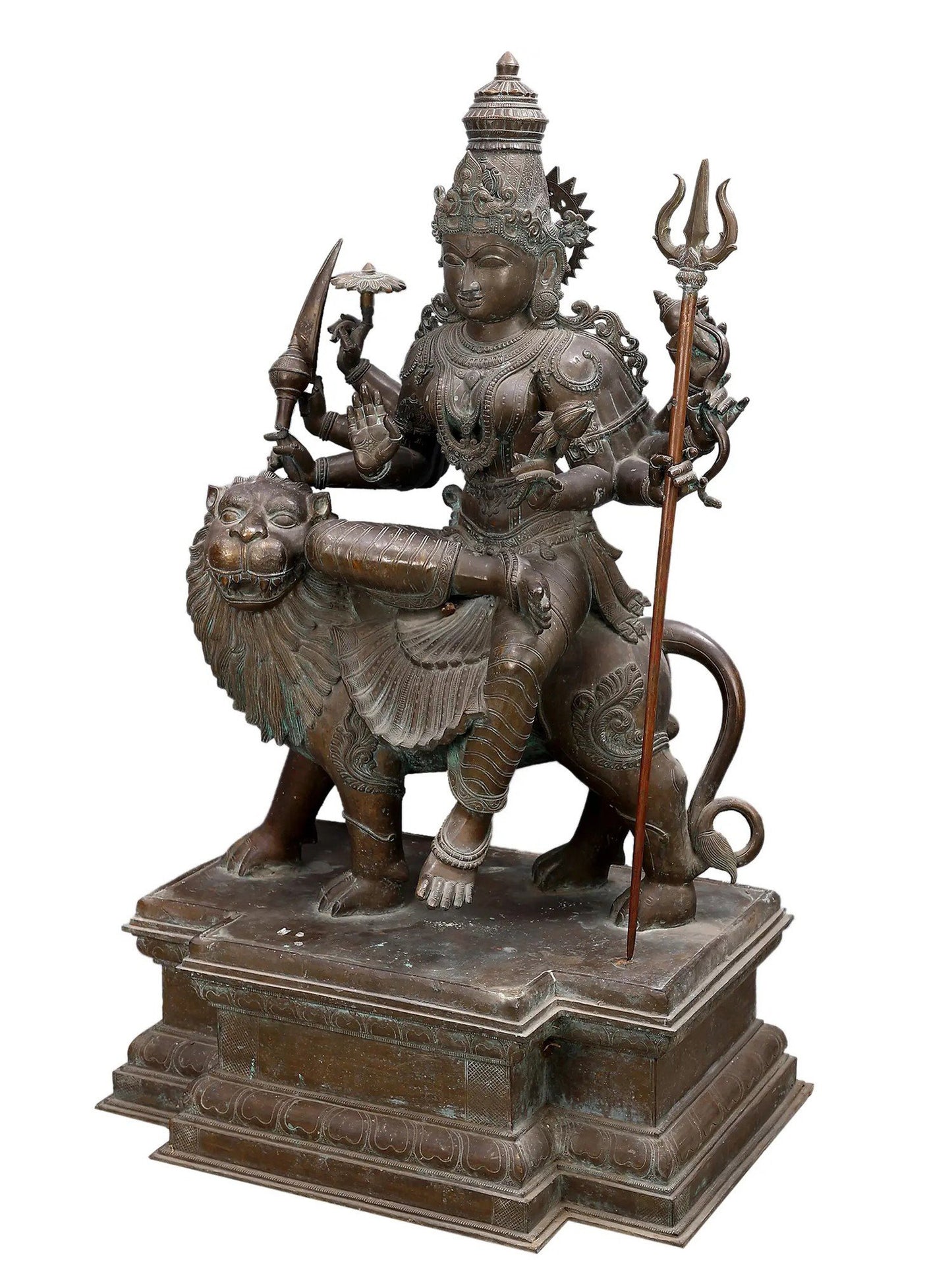 45" Large Eight Hands Goddess Durga Seated On Lion | Decorative Bronze Idol | Figurine For Gifting | Bronze Statue For Temple